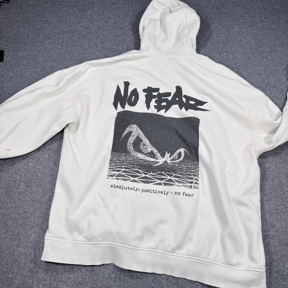 No Fear x H&M Off White Graphic Hoodie Mens Large Streetwear Skater Sweatshirt